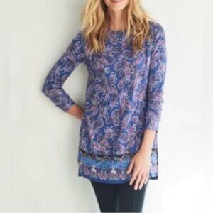 J. Jill Perfect Pima Cotton Crew Neck Long Sleeve Tunic Blue Paisley Size Small